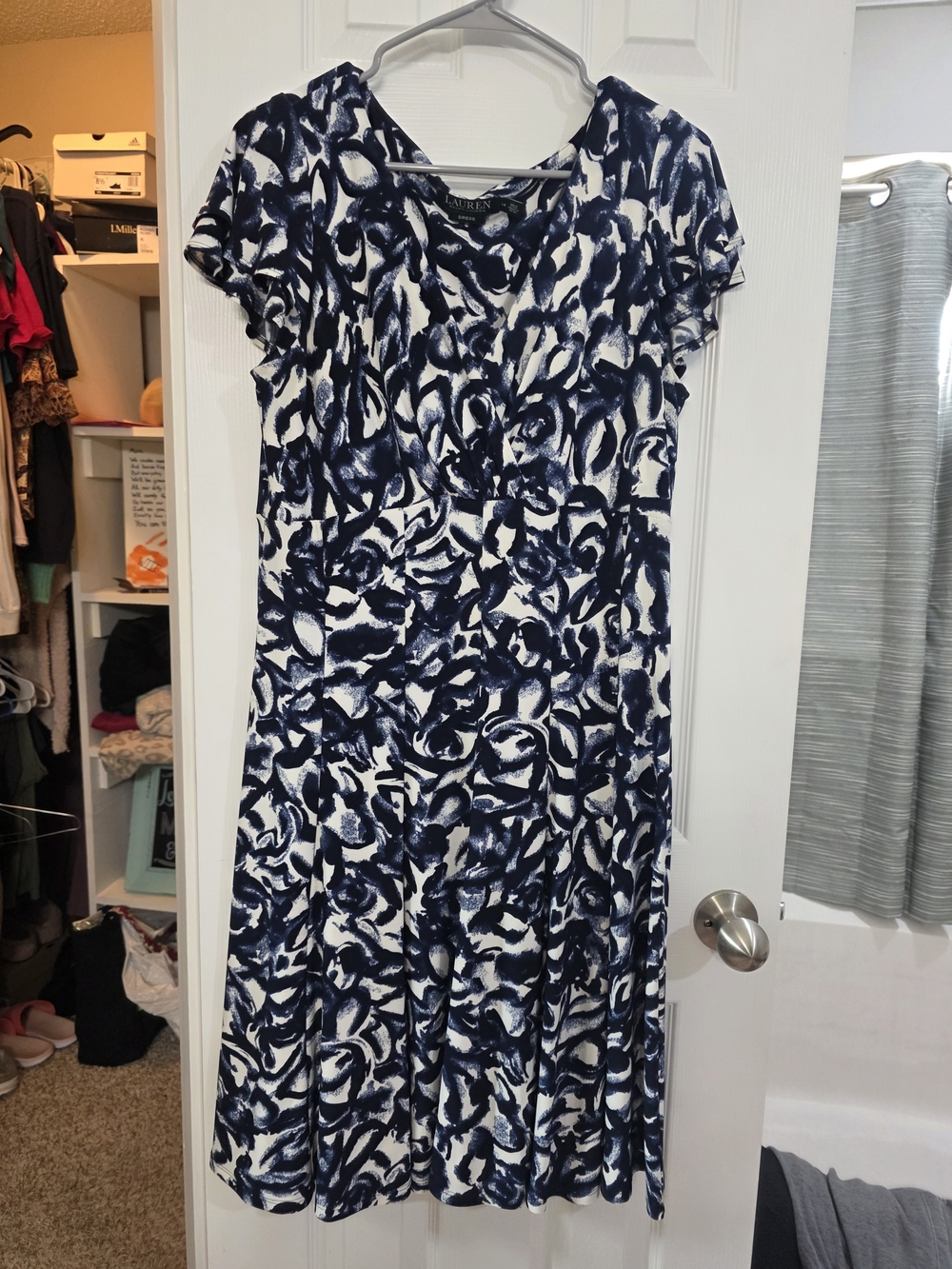 Ralph Lauren Navy and White Short-Sleeve V-Neck Print Dress